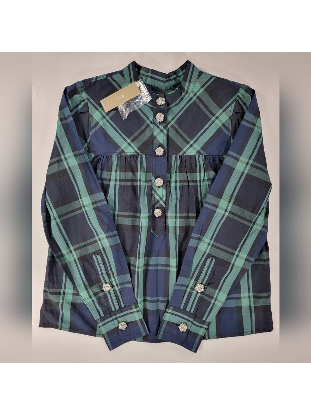 NWT J.Crew Jewel Button Fresco Black Watch Tartan Plaid Popover Top Cotton XS